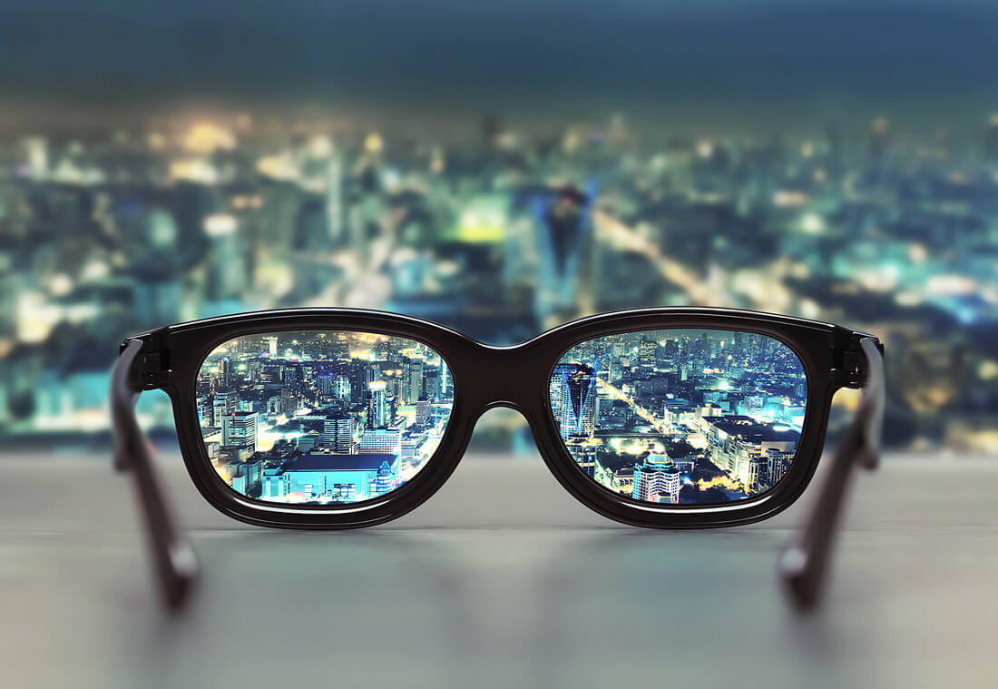 City view through eyeglasses